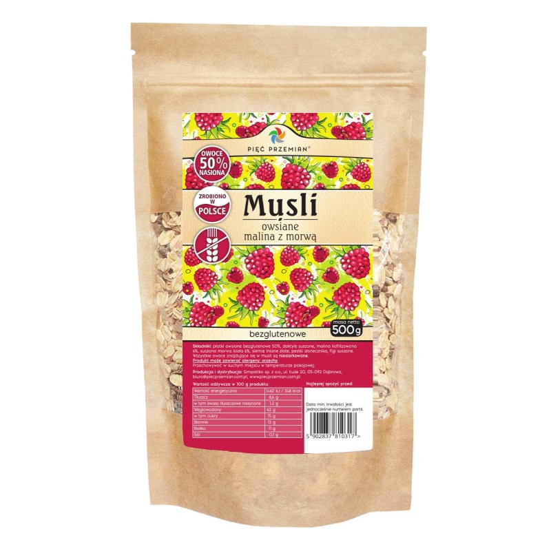 Musli malina morwa bezglutenowe 500g Pięć Przemian