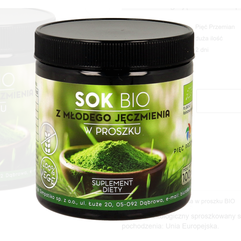 Sok z młodego jęczmienia w proszku BIO 100 g Pięć Przemian
